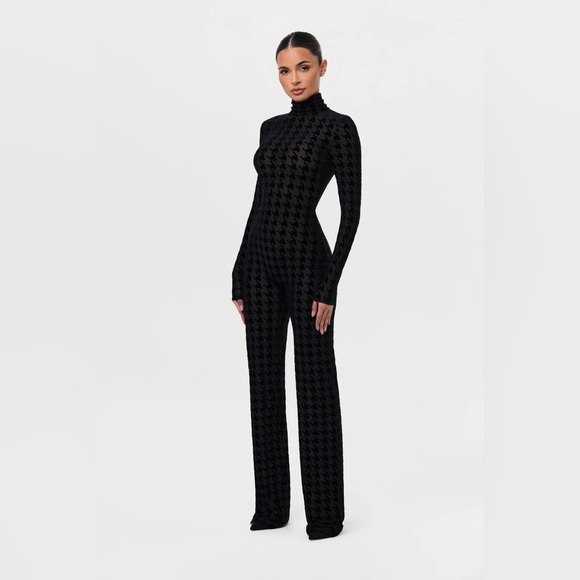 Naked Wardrobe Black Sheer & Velvet Houndstooth Long Sleeve Jumpsuit Size Small - Picture 1 of 9